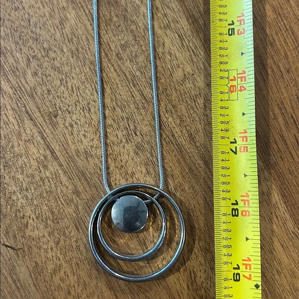 Silver Tone Circular Pendant Necklace 38” chain Statement Minimalist Unique